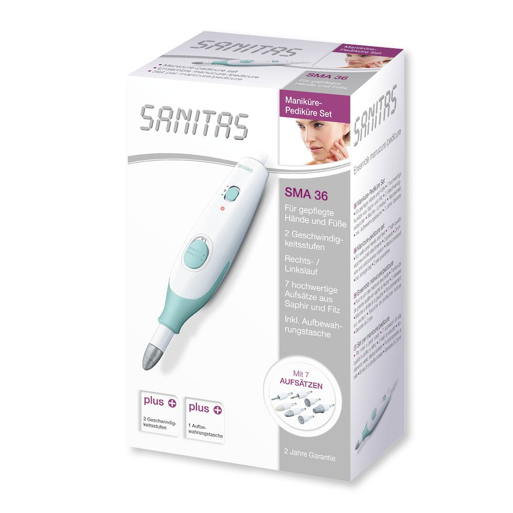 Sanitas SMA 36 Manicure & Pedicure Set for Moisturised Hands & Feet, 7 High Quality Attachments