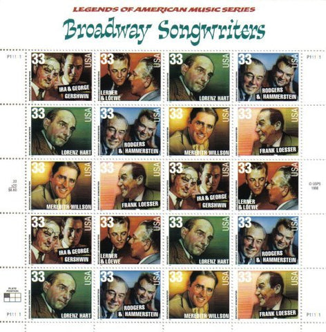 USPS Broadway Songwriters 33 Cent Sheet of 20 Stamps Scott 3350a