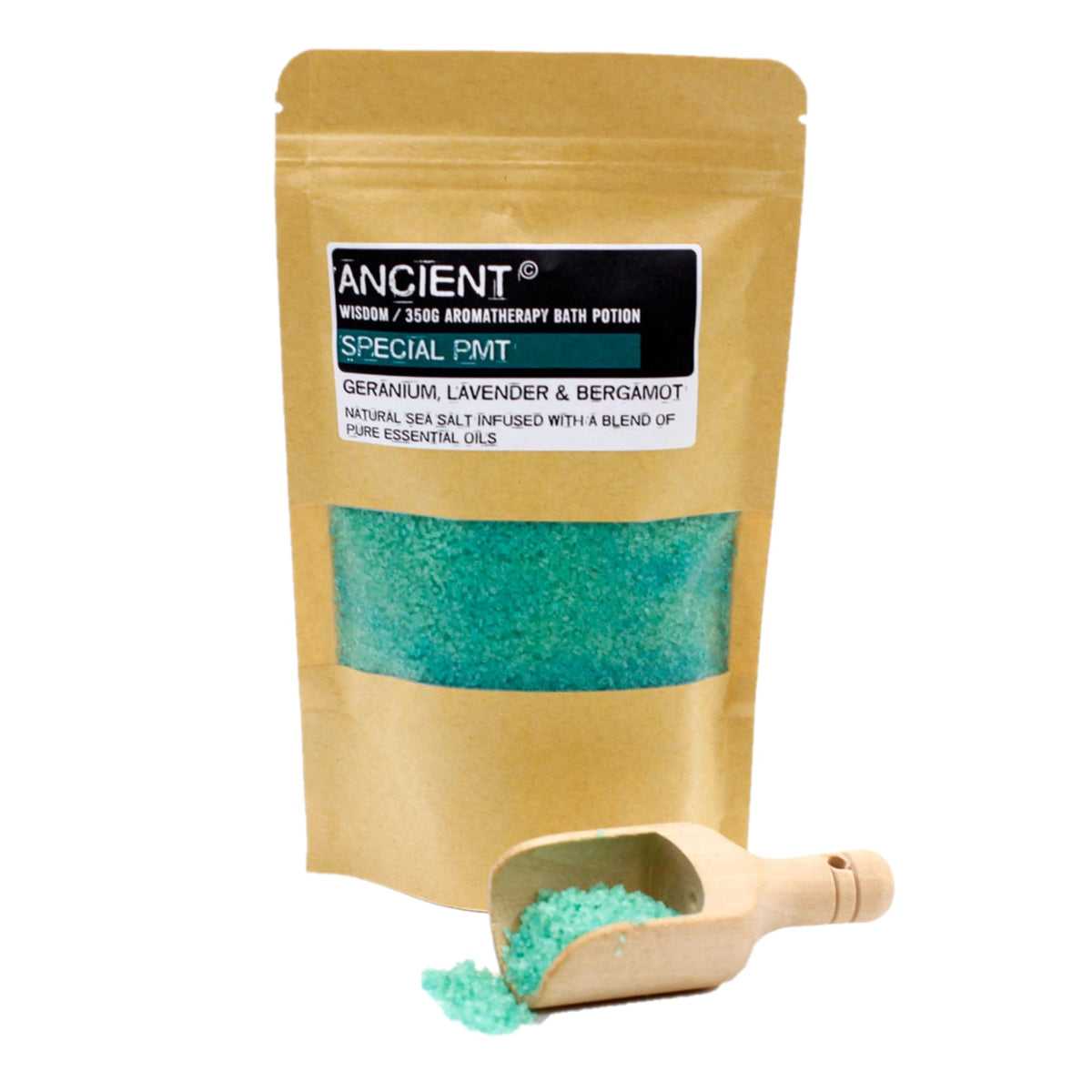 Special PMT: Natural Sea Salt & Pure Essential Oils. Soothing Aromatherapy Bath Salt, Deep Soak, Muscle Relief Potion: 350g Resealable Pouch - Geranium, Lavender & Bergamot