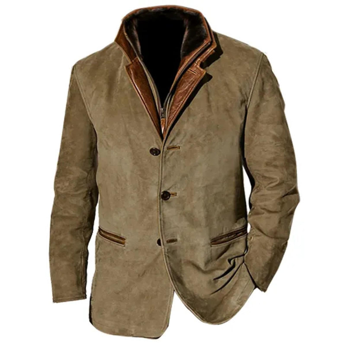 NAKEAH Men's Outdoor Jacket Autumn Winter Retro Blazer Double Layer Lapel Fur Leather Blazer Coat