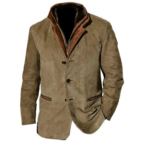 NAKEAH Men's Outdoor Jacket Autumn Winter Retro Blazer Double Layer Lapel Fur Leather Blazer Coat