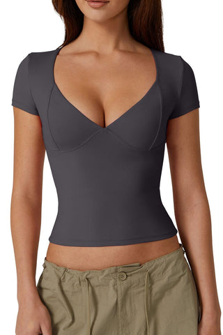 QINSEN Short Sleeve Tee Shirt for Women V Neck Seamed Cups Going Out Tops Dark Grey Small