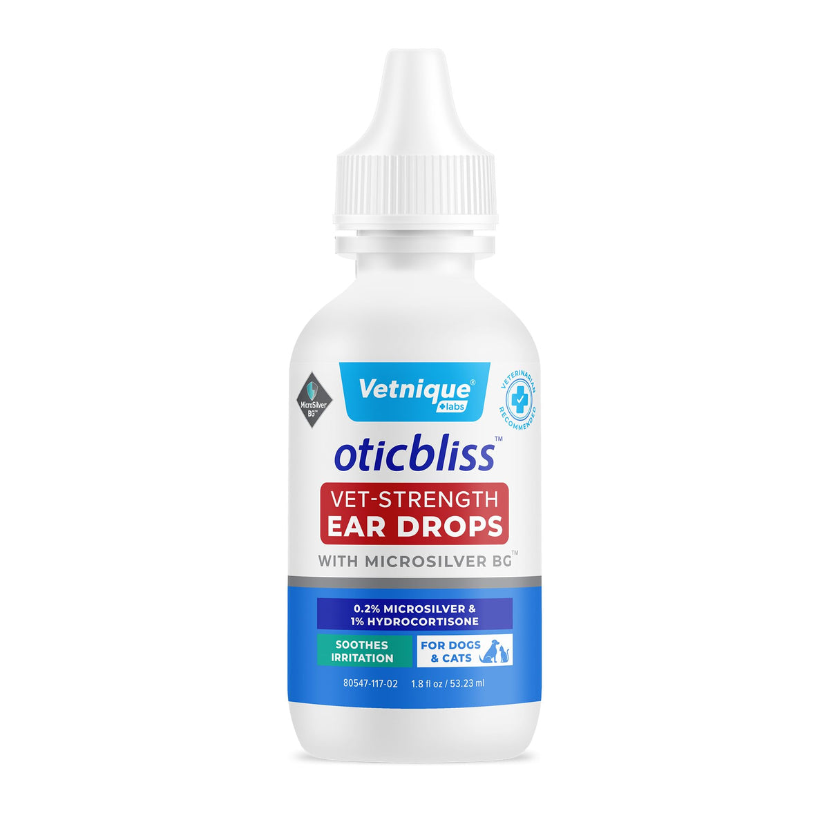 Vetnique Labs Oticbliss Vet-Strength Ear Drops for Dogs & Cats with MicroSilver BG & 1% Hydrocortisone Soothing Relief for Irritated Ears Dog Ear Cleaner, Alcohol-Free Ear Drops with Chitosan 1.8oz