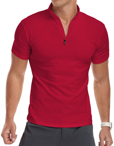 YTD Men's Long/Short Sleeve Polo Shirts Quarter-Zip Casual Slim Fit Mock Neck Basic Designed Cotton Adult Shirts, A1-red, Medium