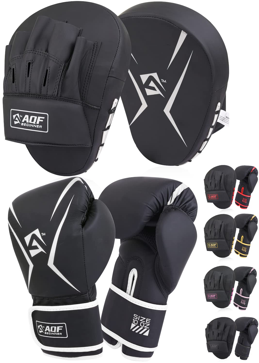 AQF Boxing Gloves and Pads - Adults & Kids Boxing Set for Kickboxing & MMA Muay Thai Punching Glove with Curved Boxing Pads for Martial Arts Training (Silver, 8oz)