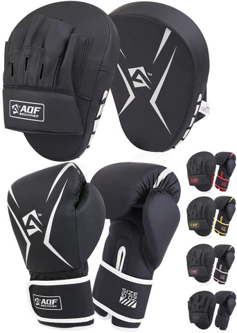 AQF Boxing Gloves and Pads - Adults & Kids Boxing Set for Kickboxing & MMA Muay Thai Punching Glove with Curved Boxing Pads for Martial Arts Training (Silver, 8oz)