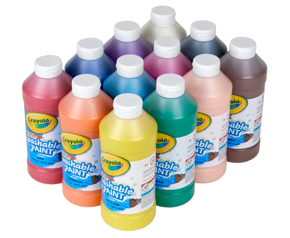 Crayola Washable Paint (12ct), Bulk Paint Set for Kids, Nontoxic Paint, Kids Craft Supplies, Classroom Supplies for Teachers, 16 Oz