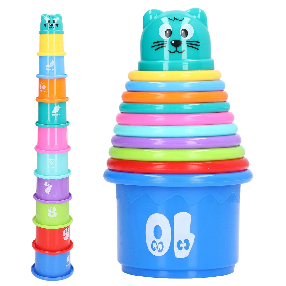 10PCS Stacking Cups Toy Numbers Fruits Pattern Baby Bath Cups Rainbow Colors Nesting Cups Learning Educational Bathtub Stacking Cup Toy 6M+