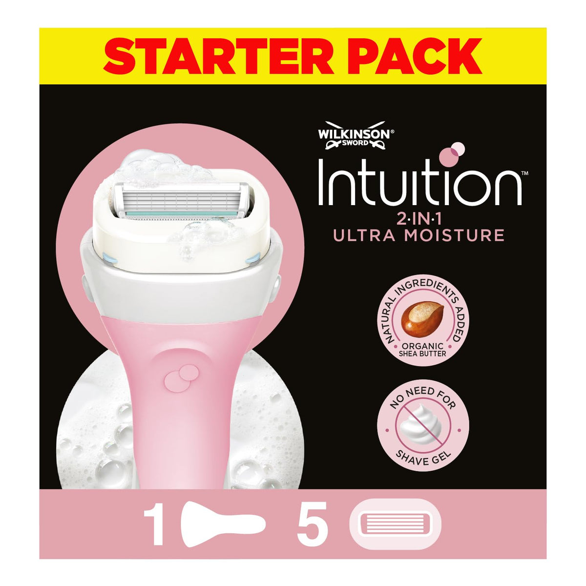 WILKINSON SWORD - Intuition Ultra Moisture For Women | No Shave Gel Needed | Razor Handle + 5 Blade Refill Pink