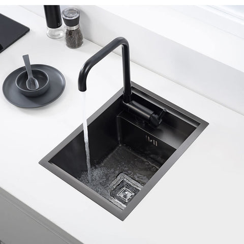 Concealed Kitchen Sinks, Small Size Stainless Steel Bar Sink, Hidden Black Single Bowl Sink, with Folding Tap and Drain Kit, Topmount/Undermount Moun, 45 * 30cm