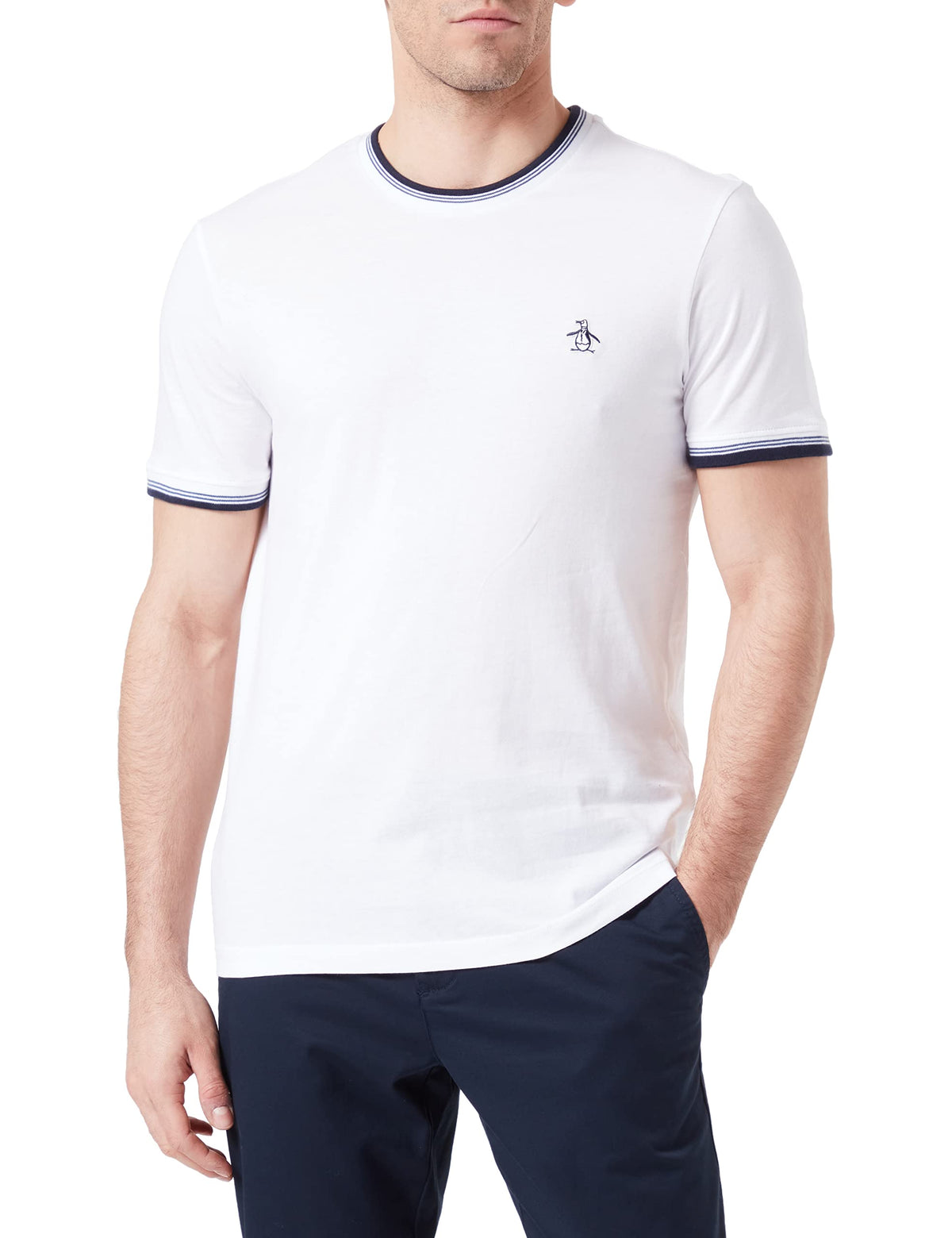 ORIGINAL PENGUIN Men's Sticker Pete Ringer Tee T Shirt, Bright White, XL UK