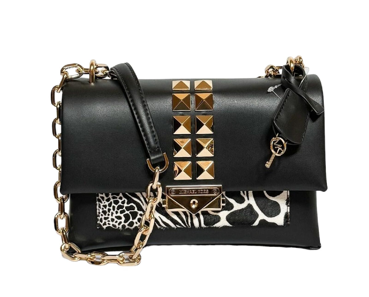 Michael Kors Cece Medium Studded Shoulder Crossbody Bag (Black Animal Print)