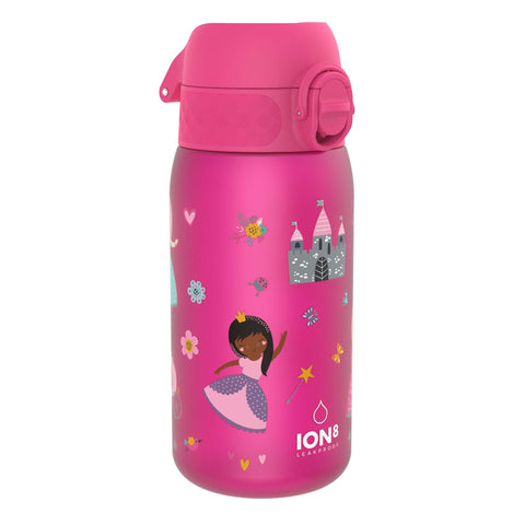 ION8 Small Water Bottle, 350 ml/12 oz, Leak Proof, Easy to Open, Secure Lock, Dishwasher Safe, BPA Free, Carry Handle, Hygienic Flip Cover, Easy Clean, Odor Free, Carbon Neutral, Pink, Princess Design