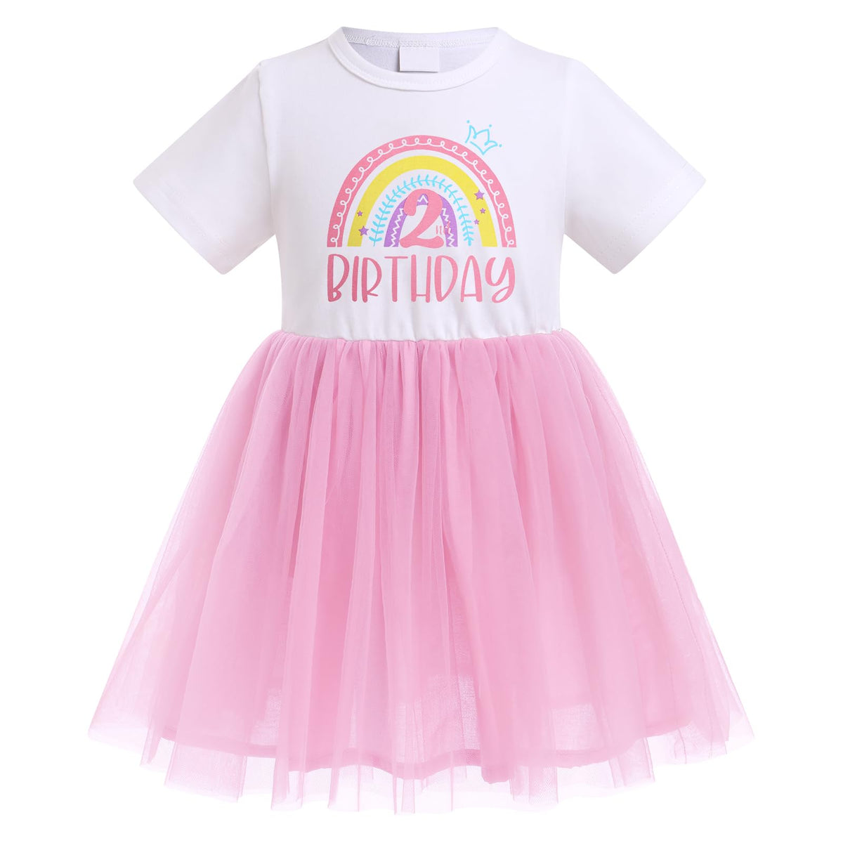 FYMNSI 2nd Birthday Outfit Girl Baby Boho Rainbow Mesh Tulle Dress Tutu for Toddler Girls My 2nd Birthday Dresses Cake Smash Photoshoot Short Sleeve Crewneck Summer Casual A-Line Dressc Pink 2T