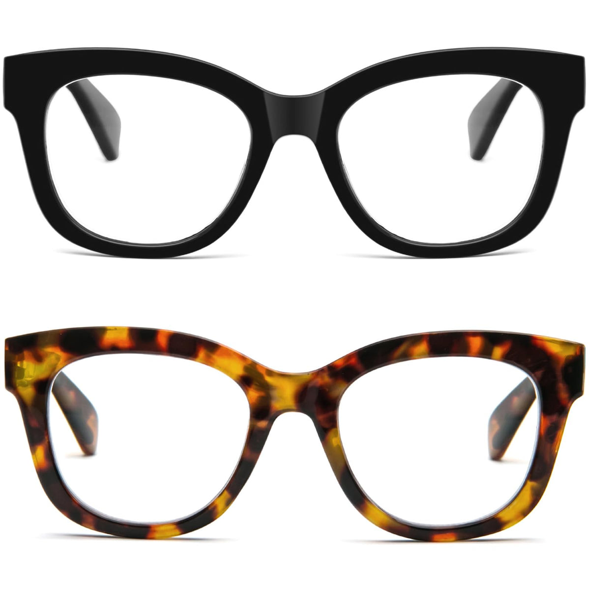 REAVEE 2 Pack Retro Oversized Reading Glasses for Women Men, Blue Light Blocking Computer Readers Stylish Spring hinge (Black/Brown Leopard 2.0x)