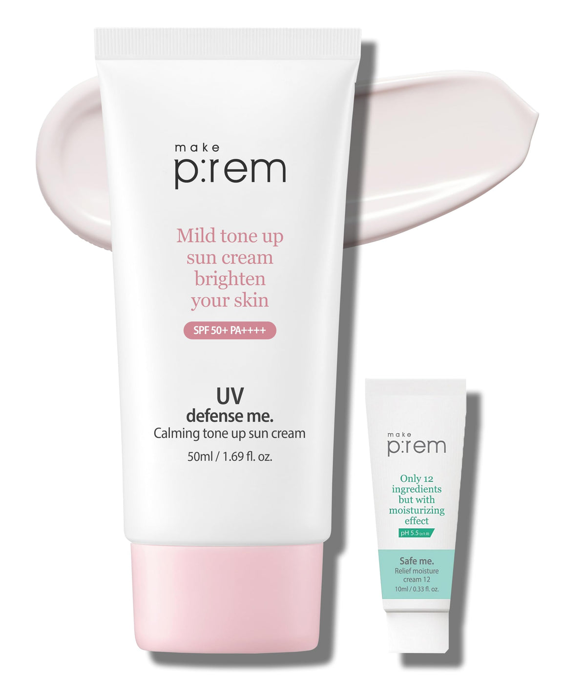 MAKEPREM UVA UVB Defense Me Calamine Calming Sun Cream SPF 50+ PA++++ 1.69 Fl Oz Korean Mineral Sunblock VEGAN Sunscreen Reef-safe Mild Non-Irritating Sensitive Acne-Prone Skin Non-Nano No Chemicals