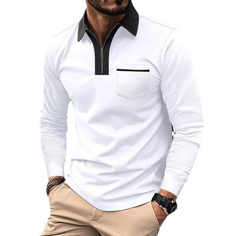 NAKEAH Men's Fashion Polo Shirt Autumn Colorblock Pocket Decoration Long Sleeve Polo T Shirt White S