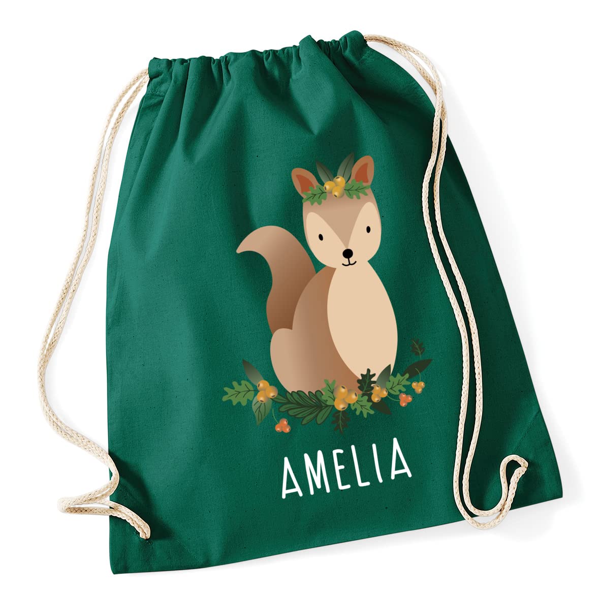 Hippowarehouse Personalised squirrel woodland creature Drawstring Cotton School Gym Bag 37cm x 46cm, 12 litres