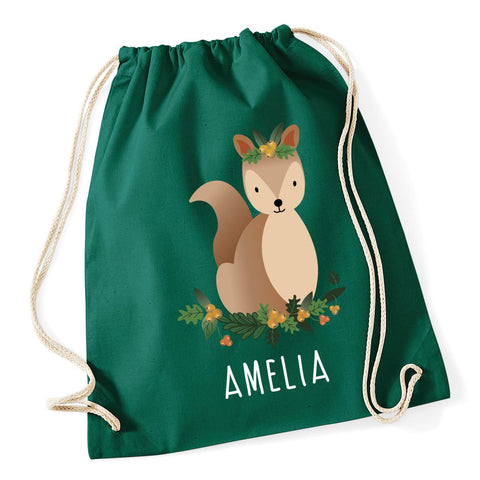 Hippowarehouse Personalised squirrel woodland creature Drawstring Cotton School Gym Bag 37cm x 46cm, 12 litres