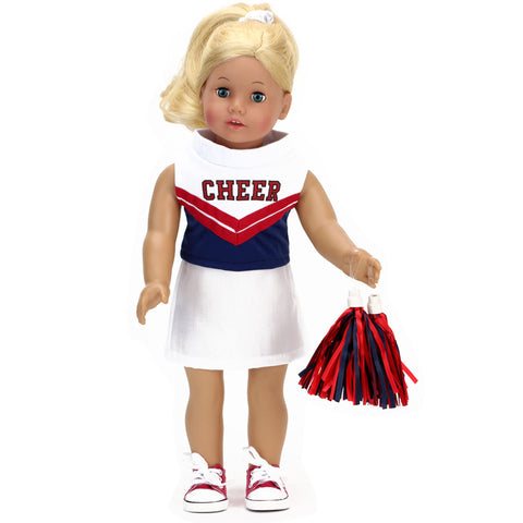 Sophia's Complete 4 Piece Cheerleading Uniform with CHEER Top and Skirt, Pom Poms and Tennis Shoes for 18" Dolls, White/Red