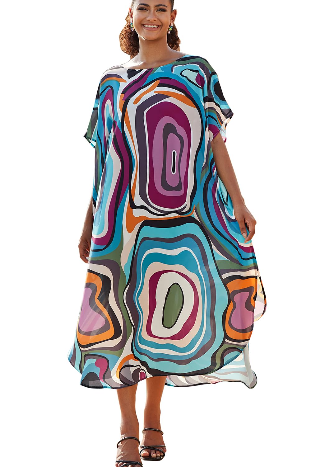 YouKD Women's Summer Bohemian Kaftan Plus Size Robe Beach Coverup Dress One Size Bathrobes O-Neck