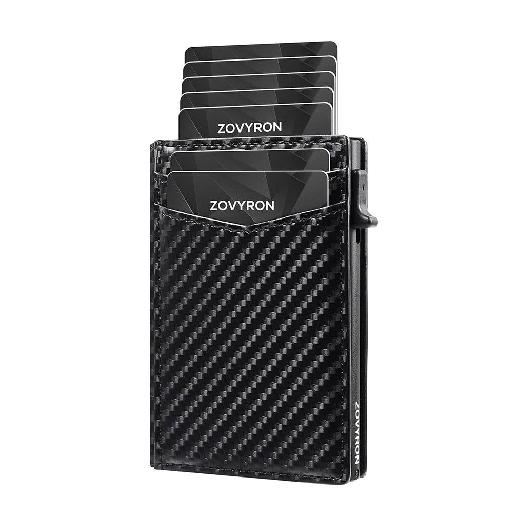 ZOVYRON Mens Wallet Smart Pop Up Wallet Credit Card Holder RFID Protection Slim Leather Wallet Minimalist Metal Card Case, Carbon Fiber Black, Minimalist