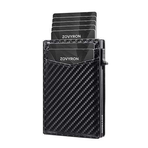 ZOVYRON Mens Wallet Smart Pop Up Wallet Credit Card Holder RFID Protection Slim Leather Wallet Minimalist Metal Card Case, Carbon Fiber Black, Minimalist