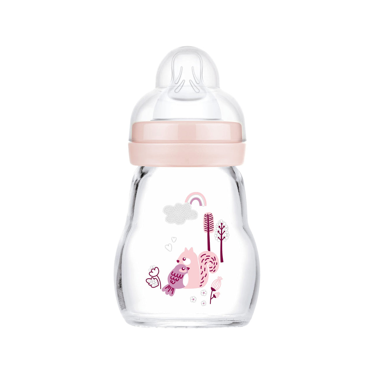 MAM Feel Good Glass Baby Bottle 170 ml Milk Bottle with Wide Mouth, Stable Bottle with Teat, Size 1 from Birth Squirrel/Bird