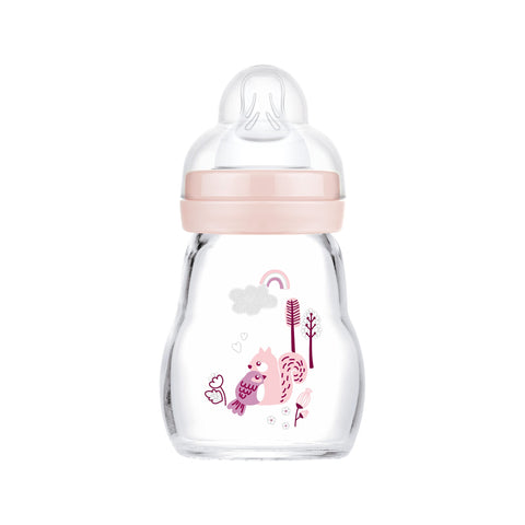 MAM Feel Good Glass Baby Bottle 170 ml Milk Bottle with Wide Mouth, Stable Bottle with Teat, Size 1 from Birth Squirrel/Bird
