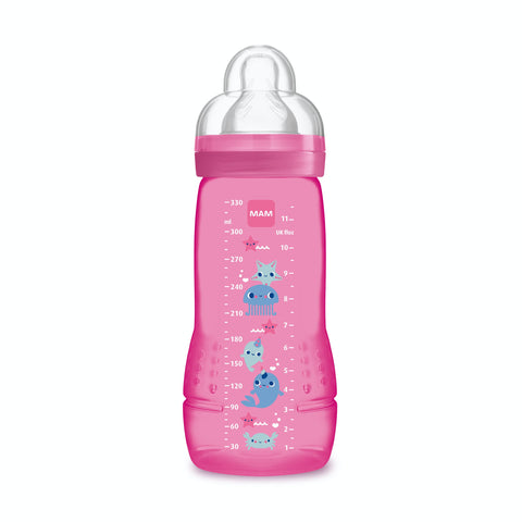 MAM - Easy Active 6+ Months Bottle (330 ml) Pink - Bottle with Ultra-Fast X-Speed Silicone Teat - Baby Bottle with airtight Seal