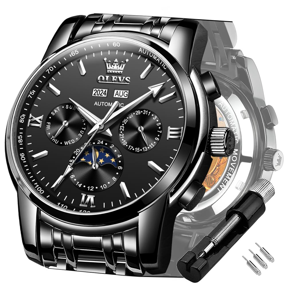 OLEVS Automatic Men Watches Mechanical Self Winding Luxury Dress Moon Phase Dial Stainless Steel Waterproof Luminous Men Wrist Watches