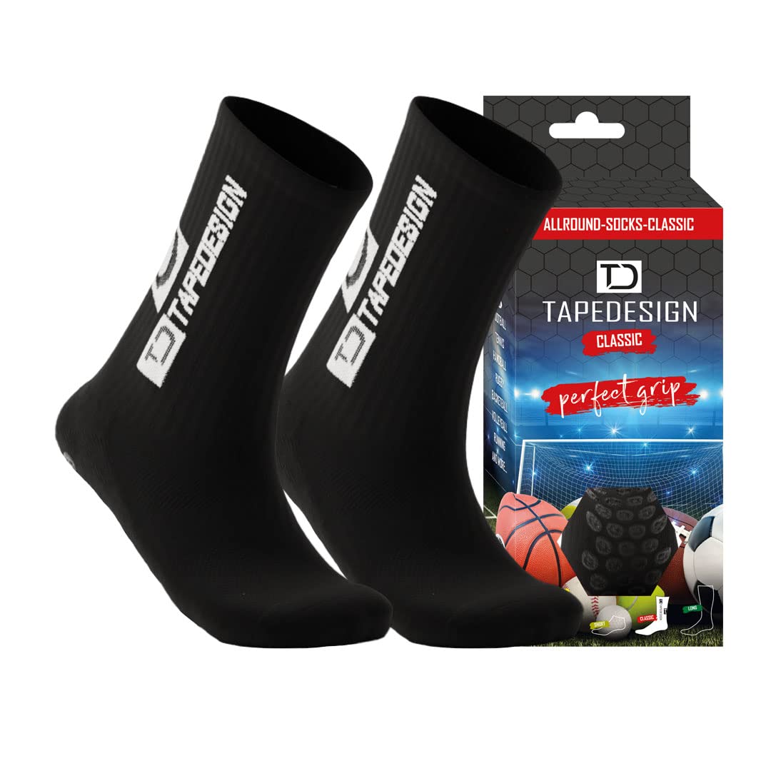 Tapedesign - "Classic 1 Pair Non-Slip Soccer Socks in Black (Size 5-14) for Men, Women & Kids - Football Grip Socks for Adult & Youth (Unisex) - Anti-Slip Sport Socks for Basketball, Tennis & Running