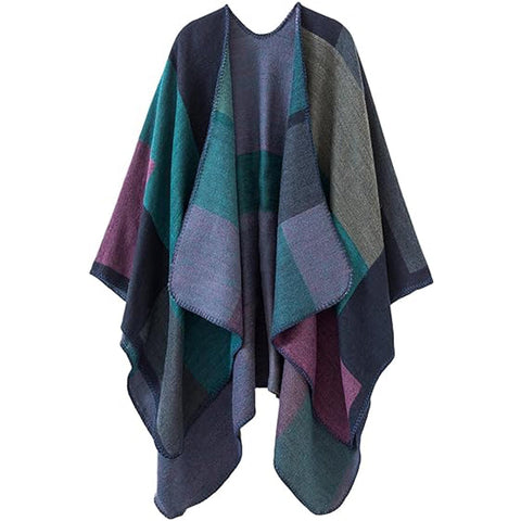 PAMEILA Women's Travel Plaid Shawl Wraps Open Front Poncho Cape Warm Oversized Sweaters Casual Cardigan Shawls for Fall Winter,Series 01-Purple