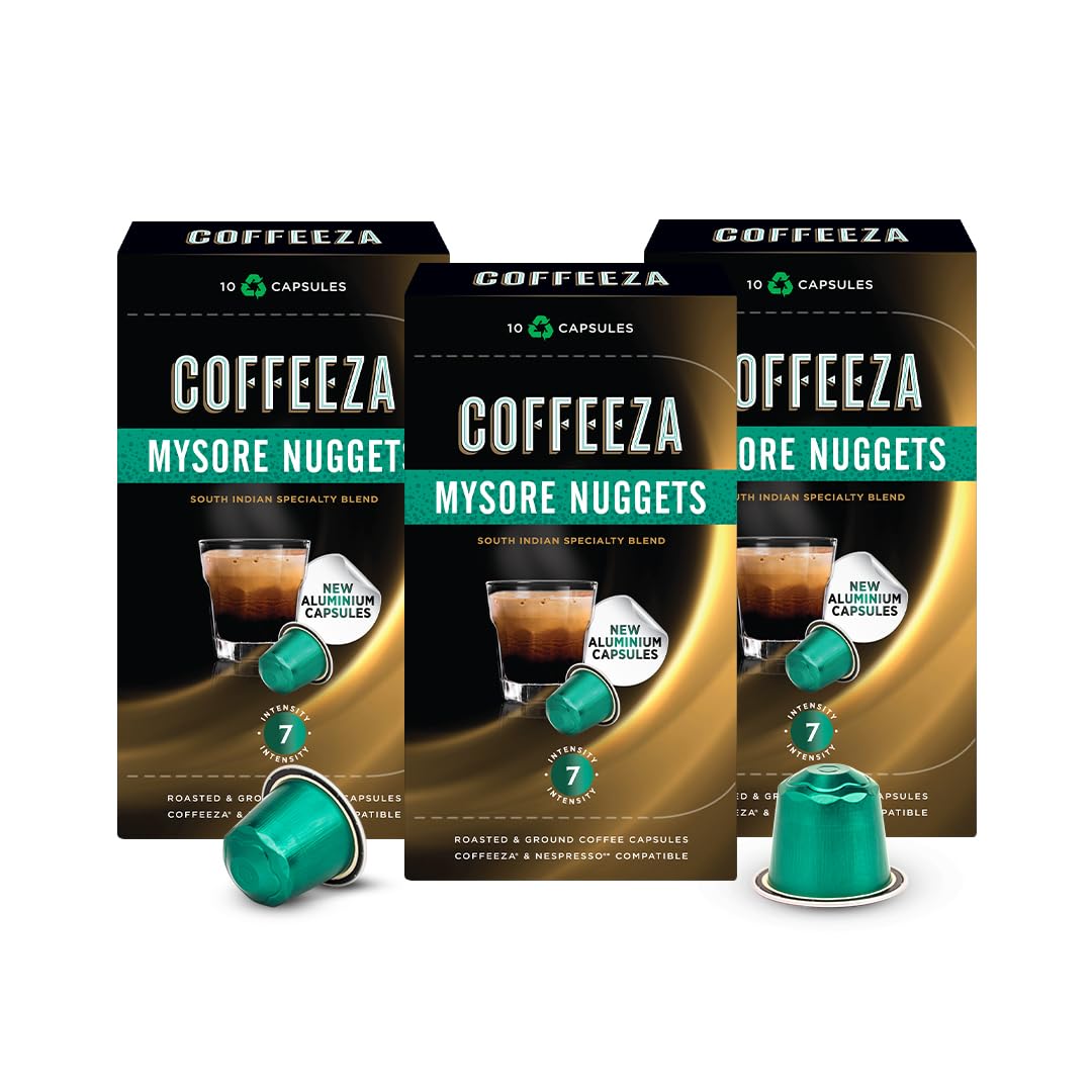 Coffeeza (AAA Arabica Grade) Mysore Nuggets Aluminium Coffee Capsules, Intensity - 7/10 -(Box of 30)