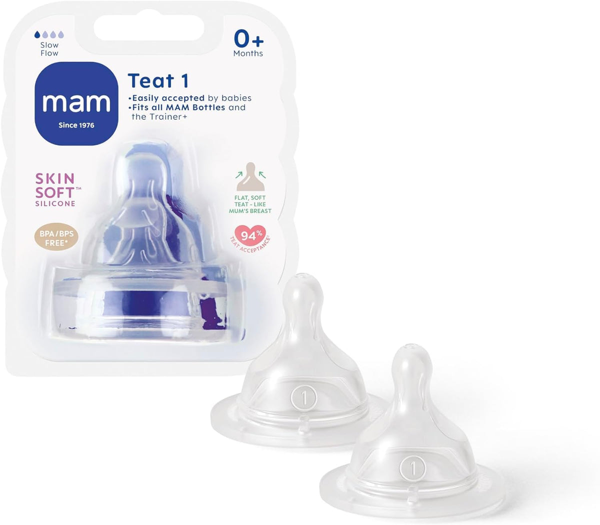 MAM Teats Size 1, Suitable for Newborns, Slow Flow SkinSoft Silicone Teats for Baby Bottles, Fits all MAM Bottles, Baby Feeding Essentials, Pack of 2