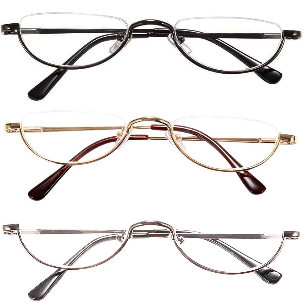 KoKoBin Newly Upgraded Translucent Reading Glasses 3 Pairs of Half-Frame Metal Frame Glasses Spring Hinge Reader for Men and Women, Black. Gold. Silver 2.50