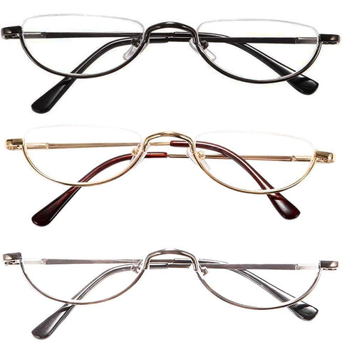 KoKoBin Newly Upgraded Translucent Reading Glasses 3 Pairs of Half-Frame Metal Frame Glasses Spring Hinge Reader for Men and Women, Black. Gold. Silver 2.50