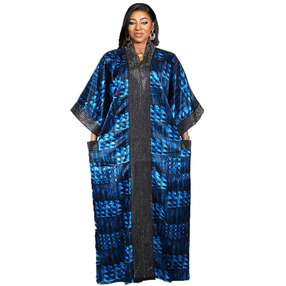HD African Print Boubou Dress for Woman Rhinestone Blue Kaftan Casual Gown Half Sleeves
