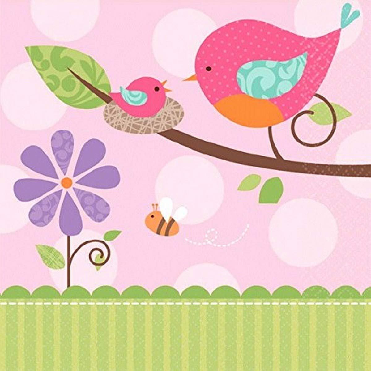 Amscan Tweet Girl Baby Shower Party Beverage Napkins (16 Piece), 5 x 5, Bright Pink/Light Pink/Green
