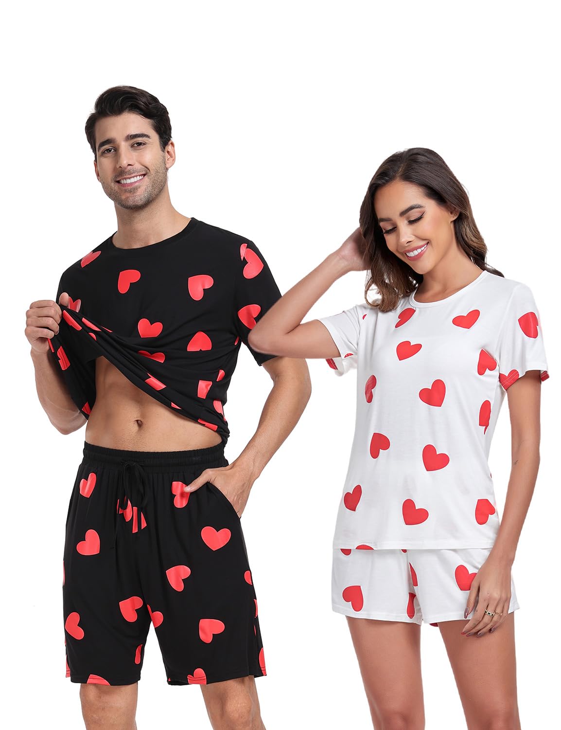 EISHOPEER Women's Short Pajamas Heart Print Short Sleeve Tee and Shorts Lounge Sleepwear Sets White Heart Small