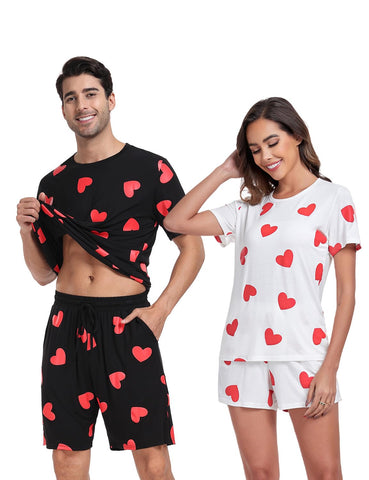 EISHOPEER Women's Short Pajamas Heart Print Short Sleeve Tee and Shorts Lounge Sleepwear Sets White Heart Small