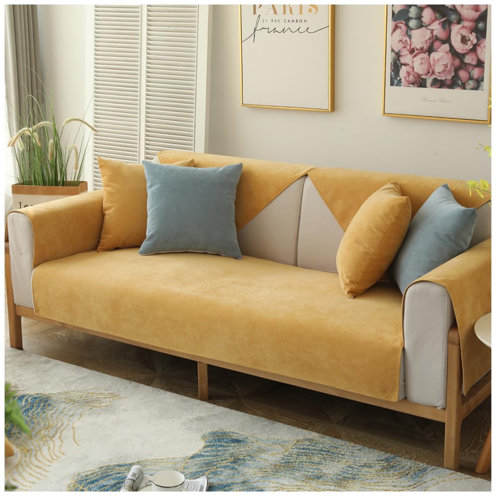 Hggzeg Soft Chenille Sofa Cover, Waterproof Sofa Slipcovers 1 2 3 4 Seater, L Shape Non-Slip Furniture Protector Sofa Cushion Cover, Corner Couch Cover for Kids/Pets(Yellow,90 * 160cm)