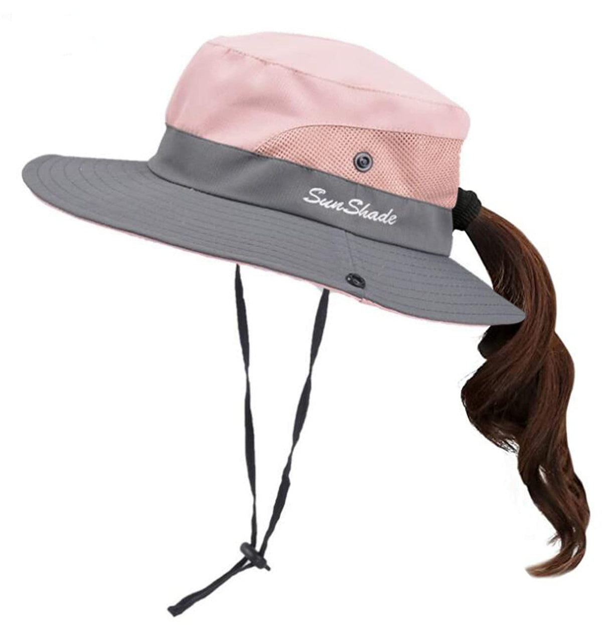 Kids Girls UV Protection Sun-Hat Wide Brim Bucket-Cap with Ponytail Hole Fit for 3-6 Years Pink