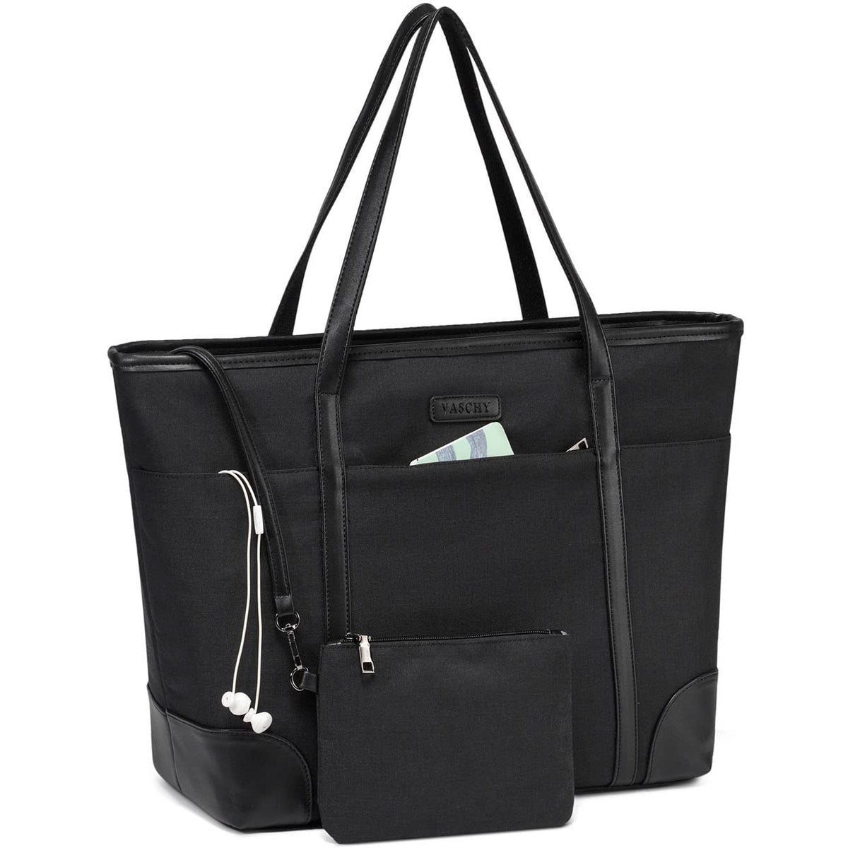VASCHY Laptop Bag for Women, Water Resistant Tote Bag Fits 15.6-Inch Laptop Large Ladies Tote Bag with Multiple Pockets Teacher Work Shoulder Bag Suitable for Office, School, Travel (Black)