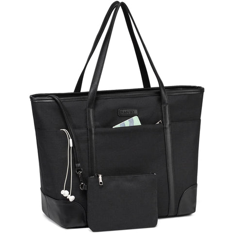 VASCHY Laptop Bag for Women, Water Resistant Tote Bag Fits 15.6-Inch Laptop Large Ladies Tote Bag with Multiple Pockets Teacher Work Shoulder Bag Suitable for Office, School, Travel (Black)