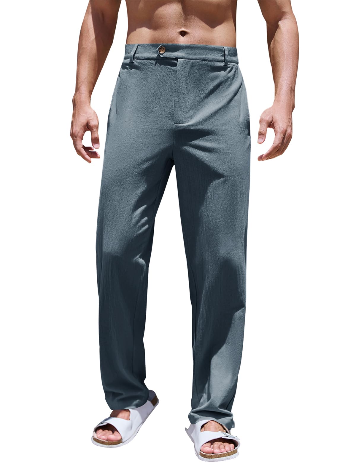 PASLTER Mens Cotton Linen Loose Pant Casual Lightweight Flat-Front Trouser Yoga Beach Pants for Men Grey