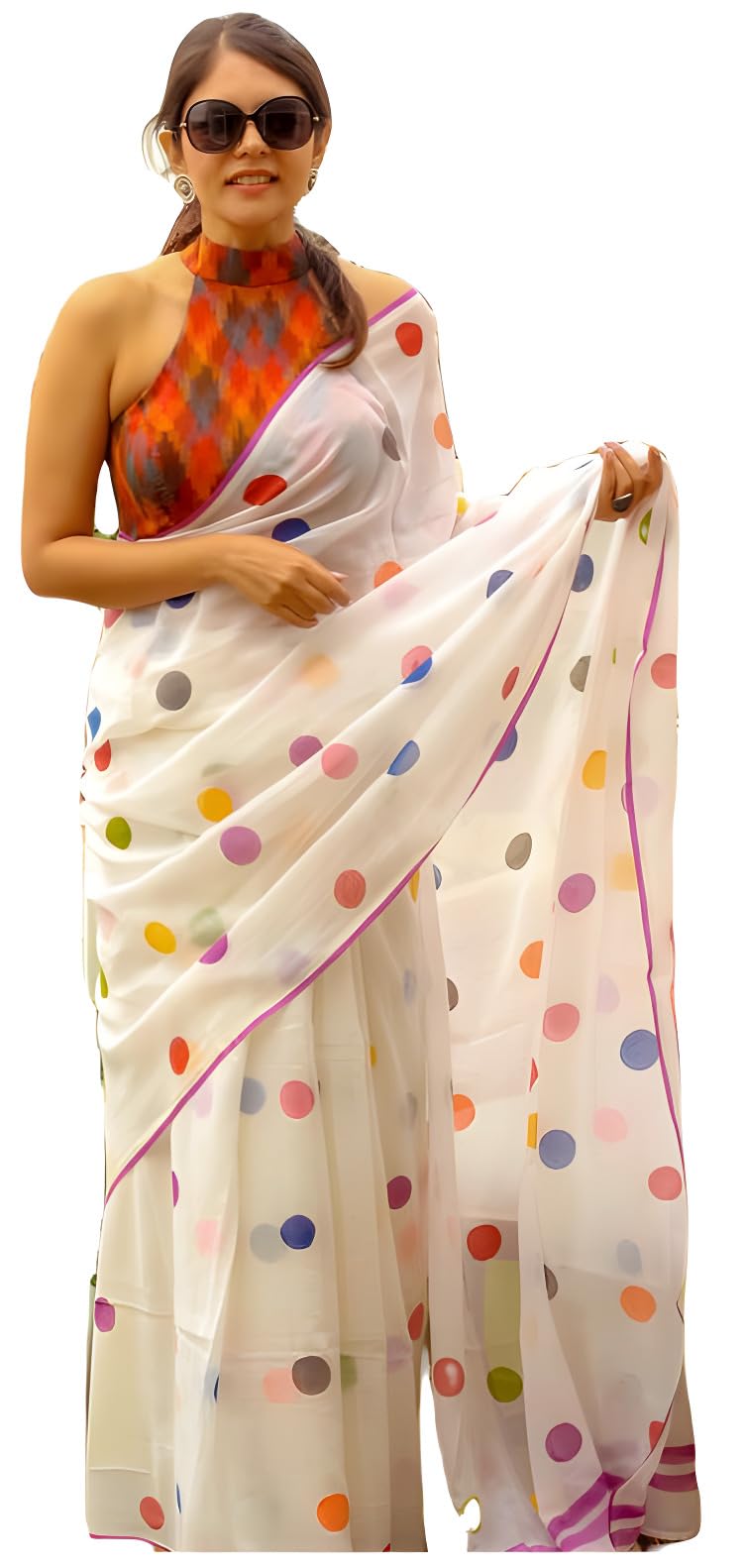 StyleScope Women's Polka Dot Printed Linen Cotton Saree With Unstitched Blouse Piece (Laddu_Free Size), White, One Size