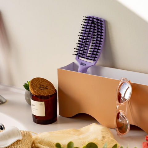 Olivia Garden Fingerbrush Care Iconic - Medium - Lavender - Detangling Hairbrush with Boar & Nylon Bristles for Ultimate Shine & Smooth Styling