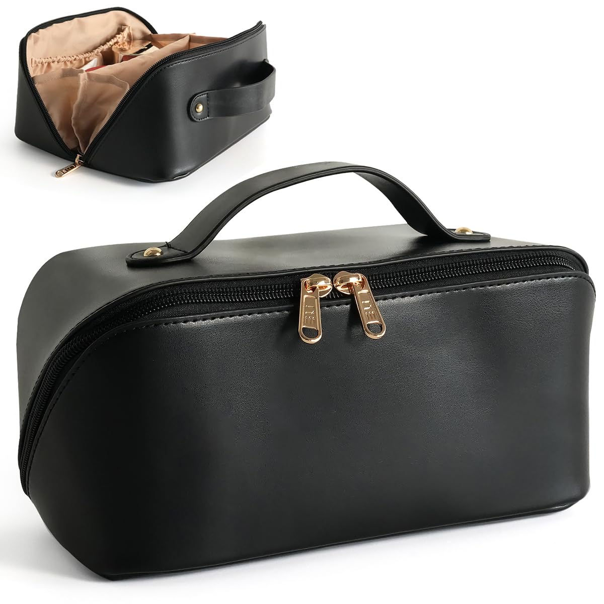 MAMUNU Large Capacity Cosmetic Bag Travel Cosmetic Storage Bag with Handle Portable Zipper Cosmetic Bag Toiletry Bag Makeup Bag Large with Compartments for Women Girls (Black)
