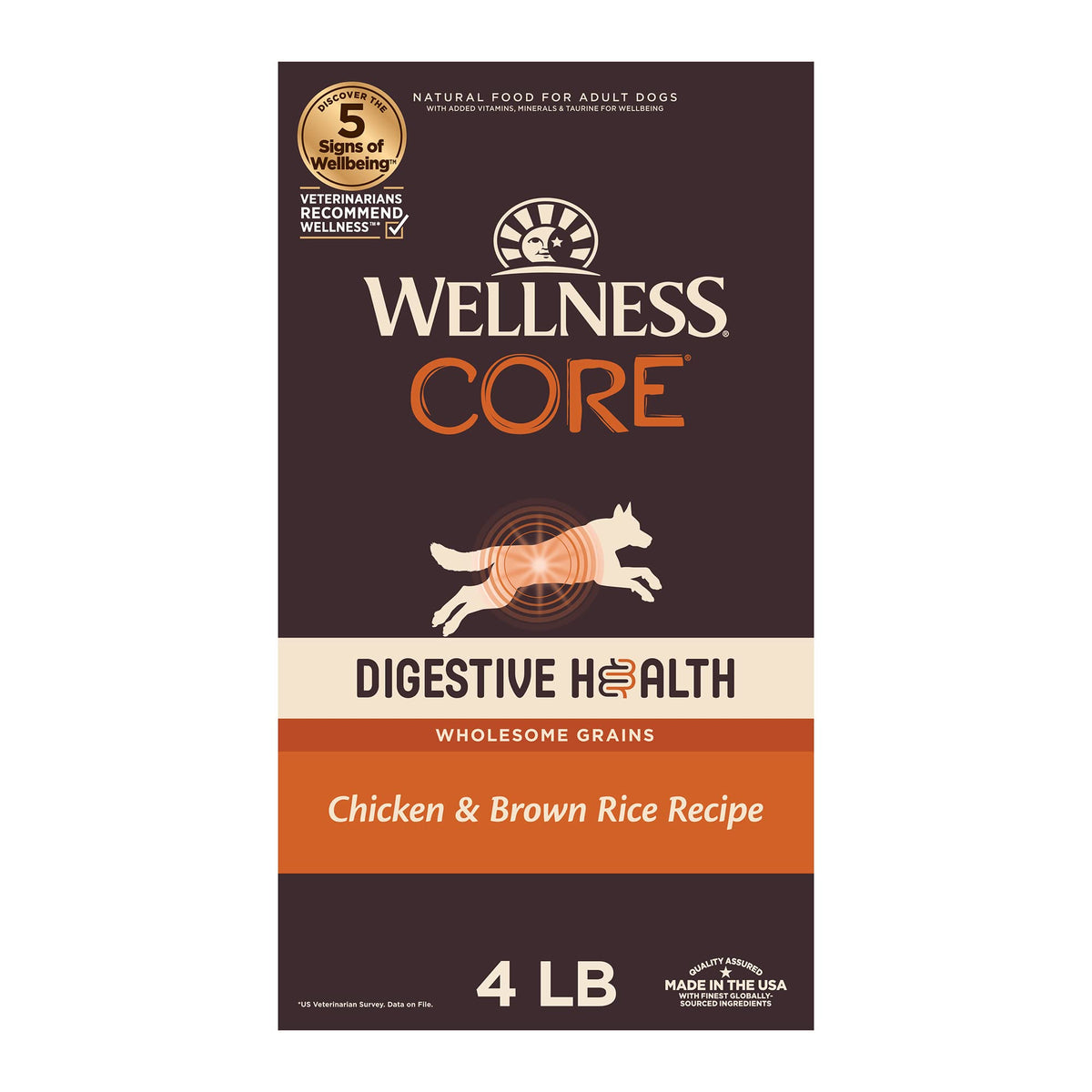 Wellness CORE Digestive Health Dry Dog Food with Wholesome Grains, Highly Digestible, for Dogs with Sensitive Stomachs, Made in USA with Real Chicken (Adult, 4-Pound Bag)